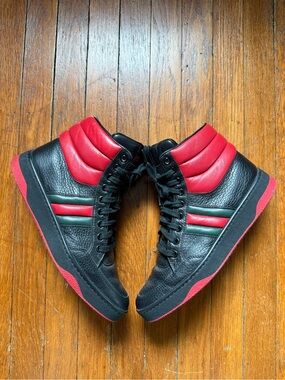 Gucci Black High-Top Sneakers with Red Padded Collar and Green Stripes womens 7